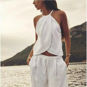 ZARA White Linen Halter Wrap Asymmetric Top Ties Back Size Medium